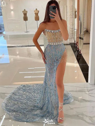 Sparkly Blue Sweetheart Mermaid Side Slit Long Prom Dress Ideas, Evening Party Dresses,WGP1886