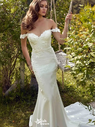 Elegant White Off-Shoulder Mermaid Long Prom Dress Ideas, Evening Party Dresses ,WGP1596