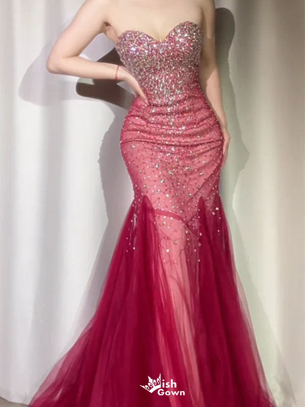 Sparkly Red Sweetheart Mermaid Long Prom Dress Ideas, Evening Party Dresses, WGP2021