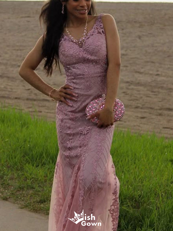 Gorgeous V-neck Lace Mermaid Long Prom Dress Ideas, Evening Party Dresses,WGP1615