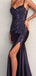 Sexy Blue Spaghetti Strap Sleeveless Mermaid Side Slit Long Prom Dress Ideas, Evening Party Dresses , WGP1891