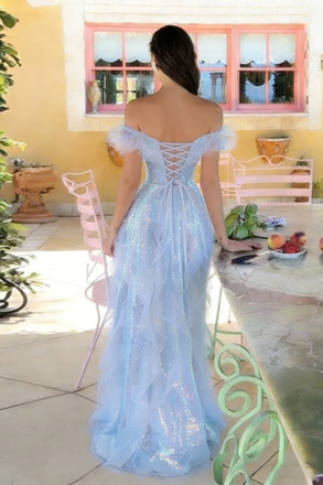 Ethereal Blue Off-Shoulder Tulle Prom Gown Iridescent Sparkle Tiered Ball Dress,WGP2143