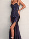 Sexy Blue Spaghetti Strap Sleeveless Mermaid Side Slit Long Prom Dress Ideas, Evening Party Dresses , WGP1891