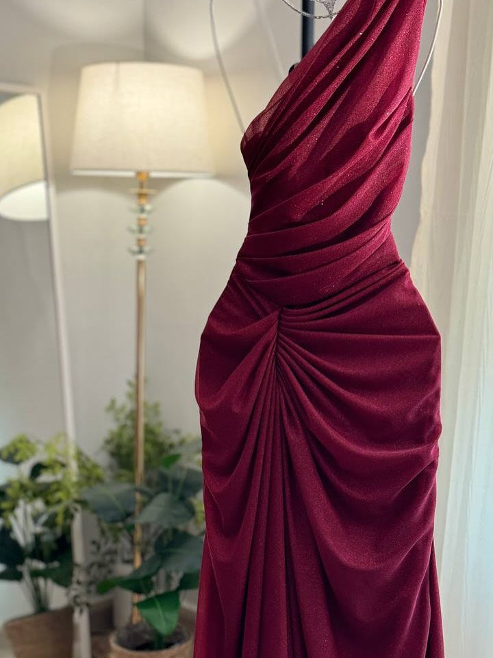 Sexy Burgundy One-Shoulder Mermaid Long Prom Dress Ideas, Evening Party Dresses,WGP1866