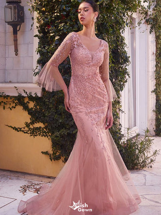 Unique Pink Lace Long Sleeve Mermaid  Long Prom Dress Ideas, Evening Party Dresses,WGP1691