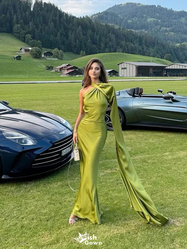 Elegant Green One-Shoulder Mermaid Long Prom Dress Ideas, Evening Party Dresses,WGP1613