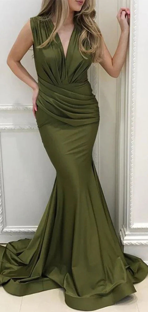 Elegant Green V-Neck Mermaid Long Prom Dress Ideas, Evening Party Dresses,WGP1632
