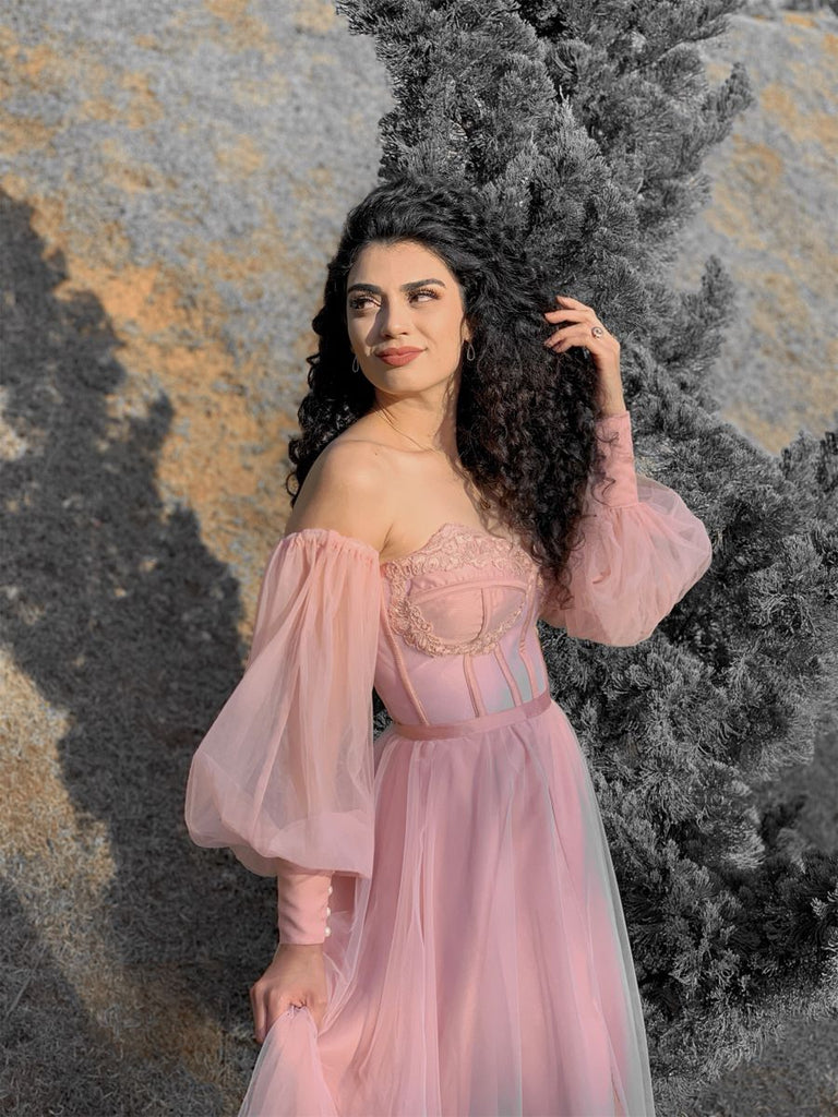 Elegant Pink Off-Shoulder A-Line Long Prom Dress Ideas, Evening Party Dresses,WGP1920