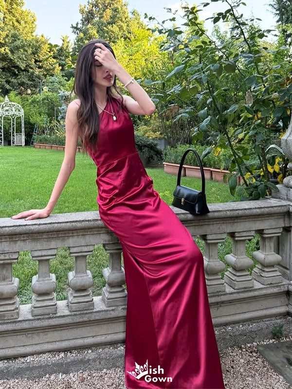 Elegant Silk Satin One Shoulder Prom Dress Sleeveless Slim Fit Floor Length Evening Gown,WGP2058