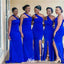 Elegant Blue Mermaid One Shoulder Side Slit Popular Cheap Maxi Long Wedding Guest Bridesmaid Dresses,WGM291