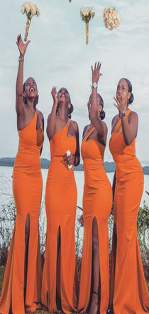 Popular Burnt Orange Mermaid One Shoulder Side Slit Cheap Maxi Long Wedding Guest Bridesmaid Dresses,WGM205