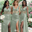 Sexy V Neck Sage Green Satin Mermaid Bridesmaid Dress With Side Slit,WGM472