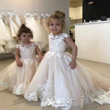 Cute Cap Shoulder Lace Applique Ball Gown Little Long Flower Girl Dresses, Wedding Flower Girl Dresses, FGD024