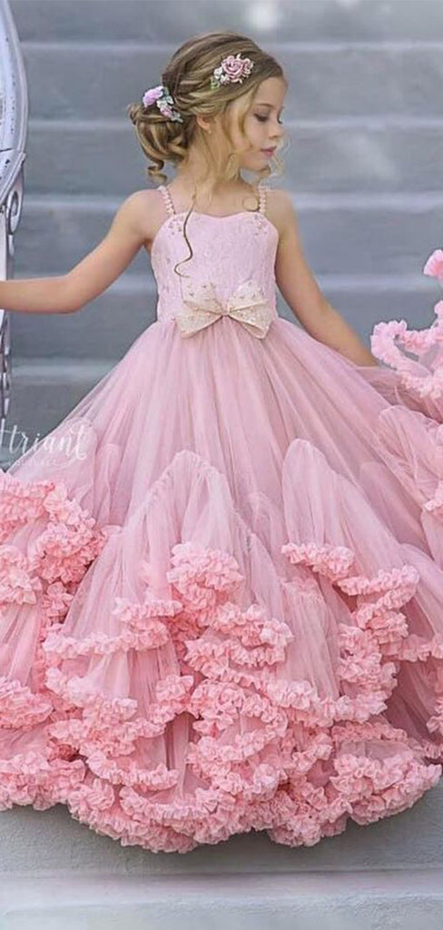 Floral Pink Spaghetti Strap A-Line Sleeveless Long Flower Girl Dress,FG032