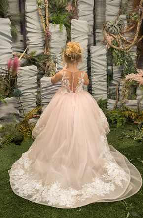 Unique Pink High Low Sleeveless Floral Long A-Line Flower Girl Dress,FG030