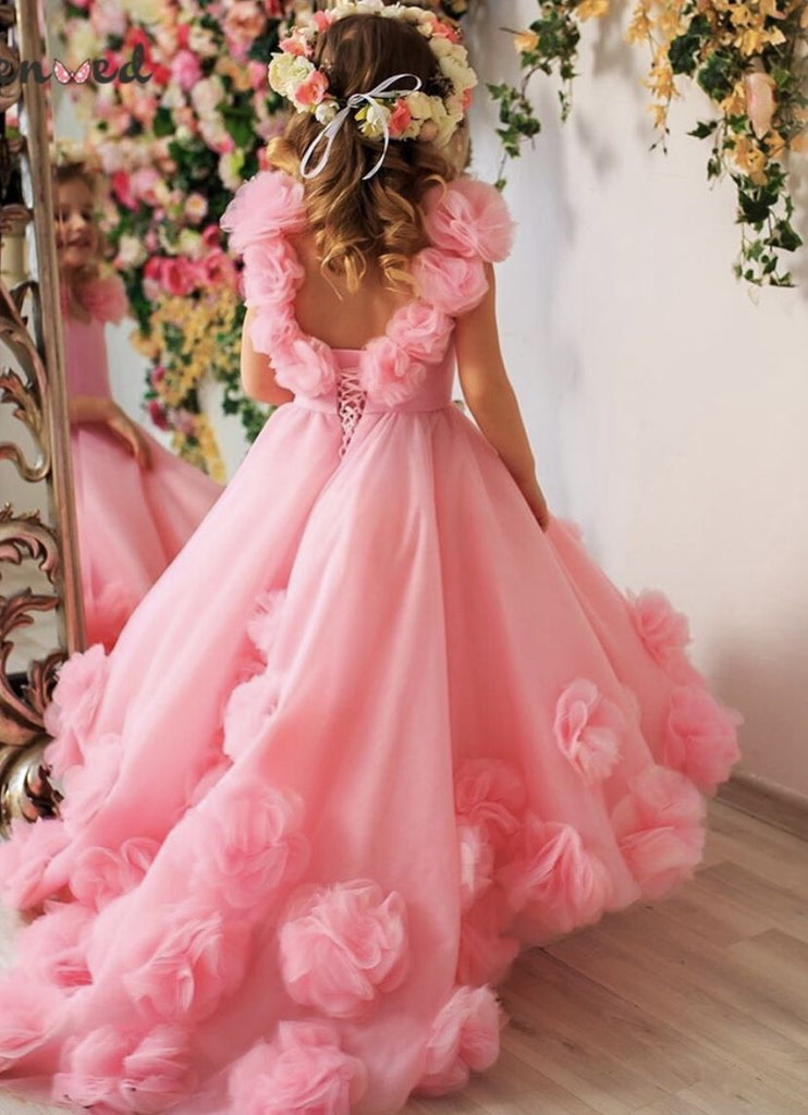 Cute Pink V-Neck Floral Long A-Line Flower Girl Dress , FG027