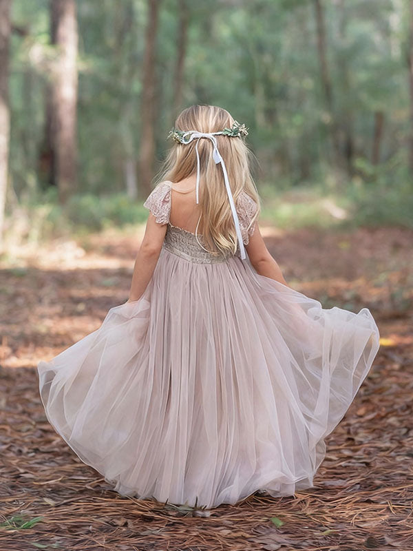 Cute Pink Short Sleeve Floral Long A-Line Flower Girl Dress, FG029