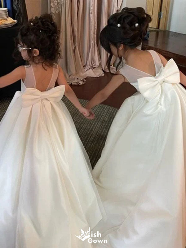 Cute White Jewel Sleeveless Floral Long A-Line Flower Girl Dress,FG028