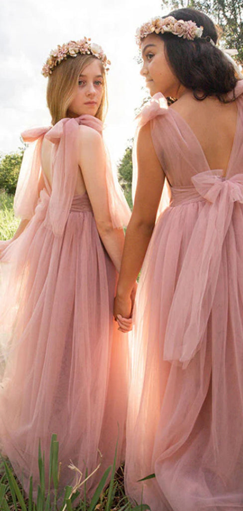 Cute Pink Square Sleeveless Floral Long A-Line Flower Girl Dress, FG030