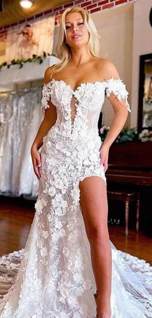 Floral White Off-Shoulder Mermaid Long Wedding Dresses With Sweep Trailing,WDH183