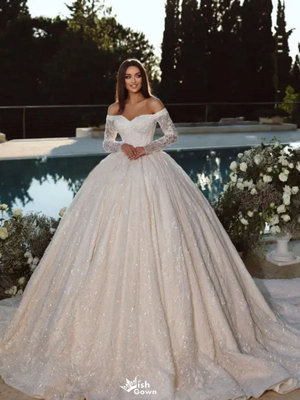 Elegant White Off-Shoulder Lace A-Line Long Wedding Dresses With Sweep Trailing ,WDH167