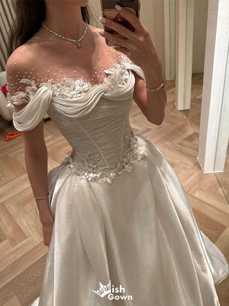 Floral White Off-Shoulder A-Line Long Wedding Dresses With Sweep Trailing,WDH186