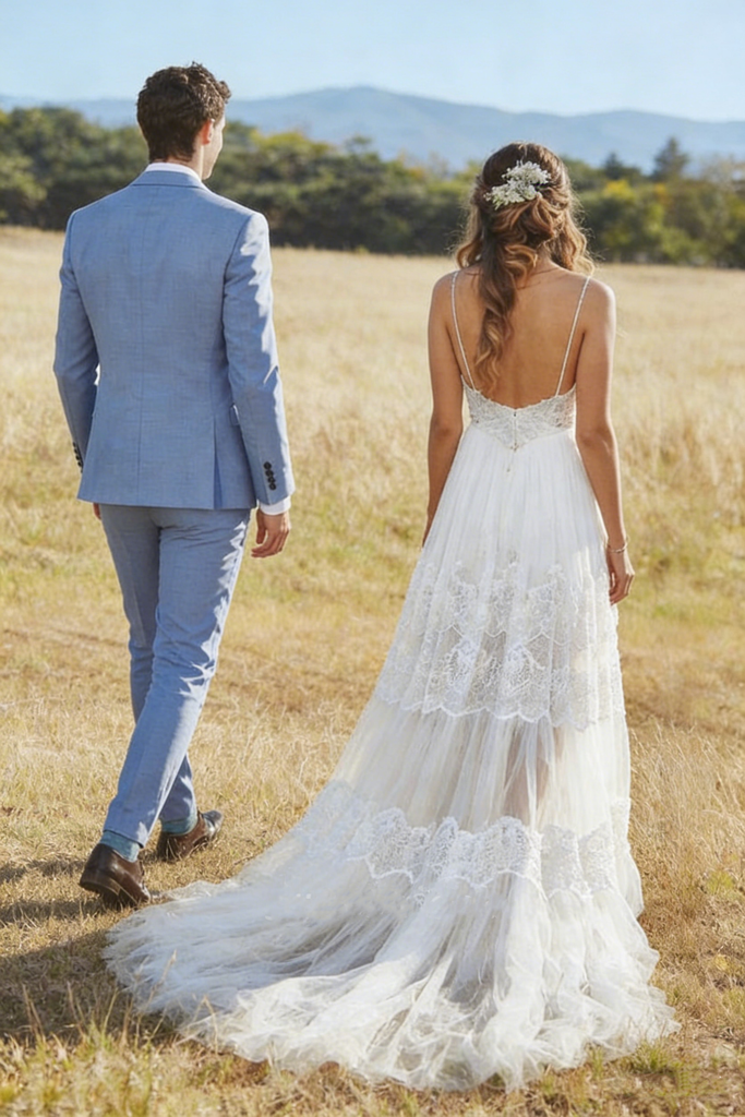 Elegant  A-Line Lace Wedding Dress V-Neck Spaghetti Strap Backless Bridal Gown,WDH191