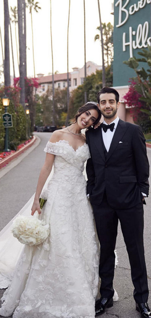 Elegant White Off-Shoulder A-Line Long Wedding Dresses With Sweep Trailing,WDH182
