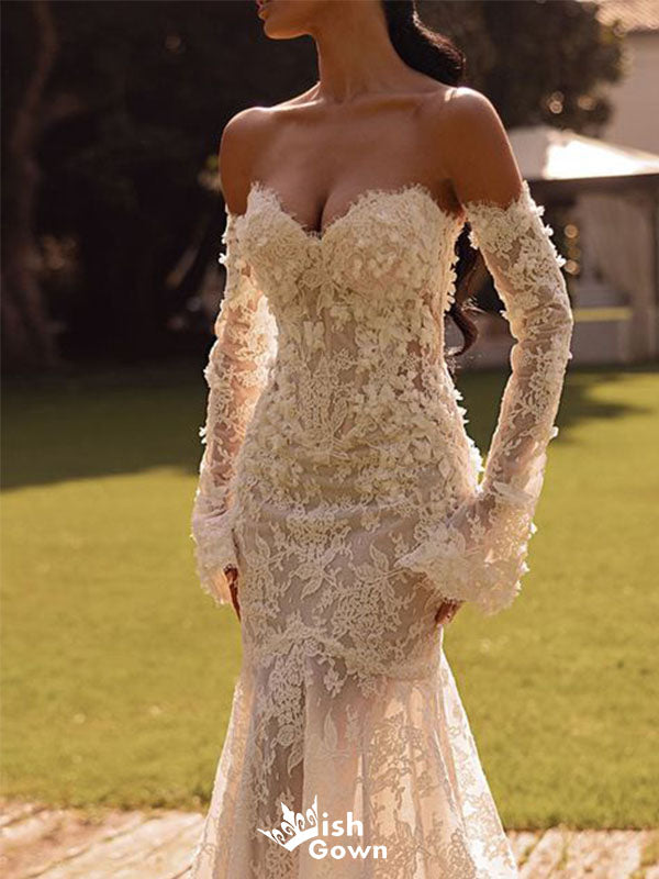 Sexy White Sweetheart Long-Sleeve Mermaid Long Wedding Dresses With Sweep Trailing ,WDH174