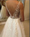 Romantic Tulle Straps V Neck 3/4 Sleeve Backless Applique Popular Bridal Long Wedding Dresses, WDH090