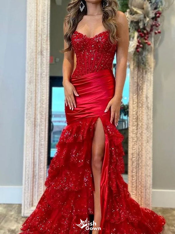 Gorgeous Red Sweetheart Mermaid Side Slit Long Prom Dress Ideas, Evening Party Dresses ,WGP1872