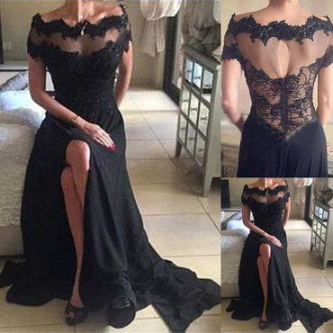 Black Off the Shoulder Short Sleeves Split Long Lace Prom Dresses, WG720 - Wish Gown
