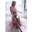 Teenagers Two Pieces Pink Long Sleeves Side Slit Off Shoulder Long Prom Dresses, WG748