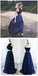 Two Pieces Halter Royal blue A-line Unique New Design Evening Long Prom Dress, PD0067