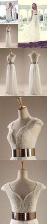 White Beading Cap Sleeves Elegant Custom Long Side Slit Party Evening Prom Dresses, PD0082