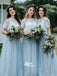 Two Pieces Ivory Lace Short Sleeve A-line Blue Tulle Long Bridesmaid Prom Dresses, WGM024