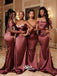 Mismatched Off Shoulder Pleats Squins Sweetheart Mermaid Soft Satin Long Bridesmaid Dresses, WGM117