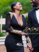 Black Satin Low Back  Gold Appliques V-neck Mermaid Evening Long Prom Dress With Trailing, WGP099