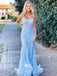Sky Blue Appliques Tulle Spaghetti Strap Mermaid Long Prom Dresses , WGP118