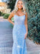 Sky Blue Appliques Tulle Spaghetti Strap Mermaid Long Prom Dresses , WGP118
