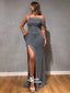 Silver Sparkle Off Shoulder Spaghetti Straps Mermaid Slits Evening Gowns Prom Dresses, WGP182