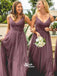 Elegant Purple V-neck Spaghetti Strap Long Bridesmaid Dresses, YPS137