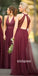 Sexy V-neck Halter Dark Red Tulle Long Bridesmaid Dresses YPS126