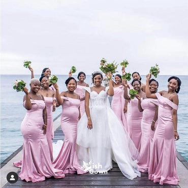 Sexy Pink Mermaid Spaghetti Straps Off Shoulder Long Bridesmaid Dresses, WGM154