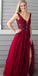 Burgundy V Neck Side Slit Beaded Tulle Long Prom Dresses, SG136