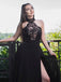 Black Chiffon Lace Halter Side Slit A Line Formal Prom Dresses, SG142