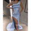 One Shoulder Long Sleeve Side Split Blue Long Prom Dresses PG1171